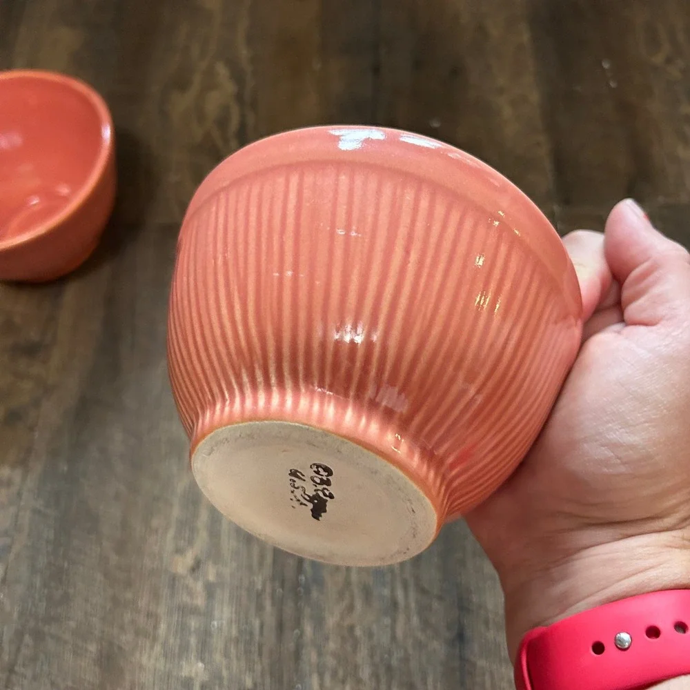 Barbara Eigen Pottery Ribbed Coral Glazed Ceramic Bowls Set of 2 Made in USA MCM